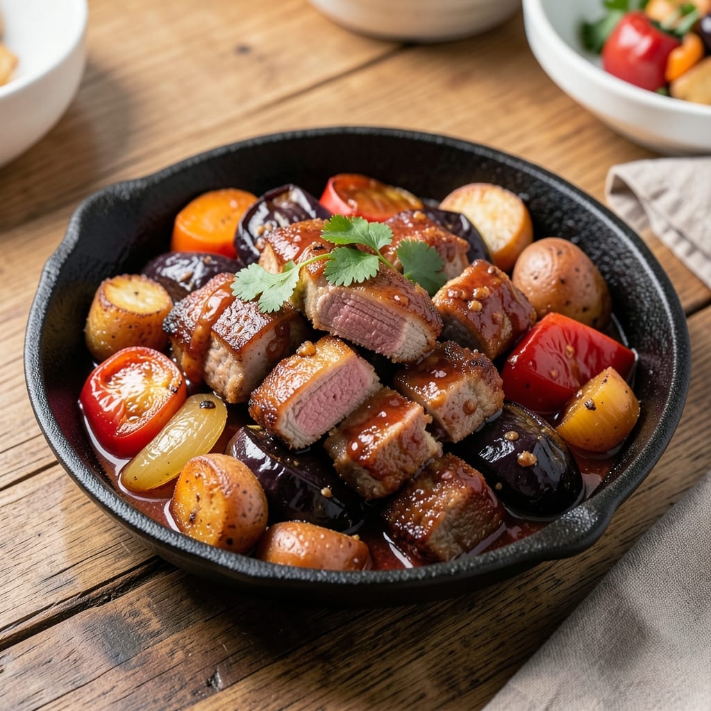 Batangas Pork Afritada Recipe: Vinegar-Braised Tenderness With Crispy Eggplant Bites