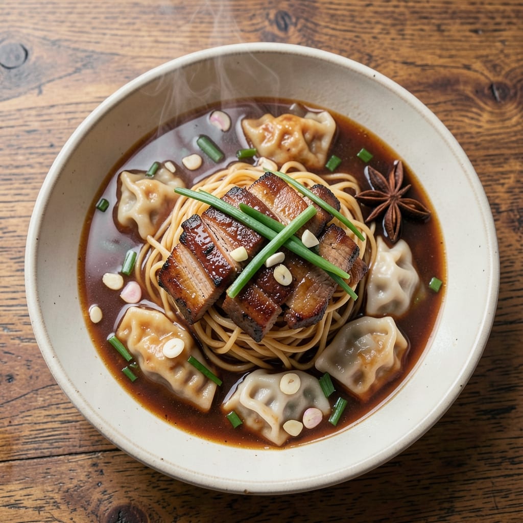 BBQ Pork Wonton Noodle Soup Recipe: Smoky-Sweet Broth With Crispy Pork Bites